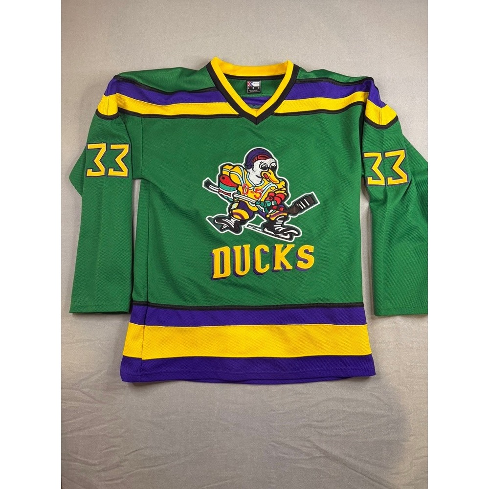 Molpe Mighty Ducks Goldberg 33 Hockey Jersey Green Purple Yellow Small